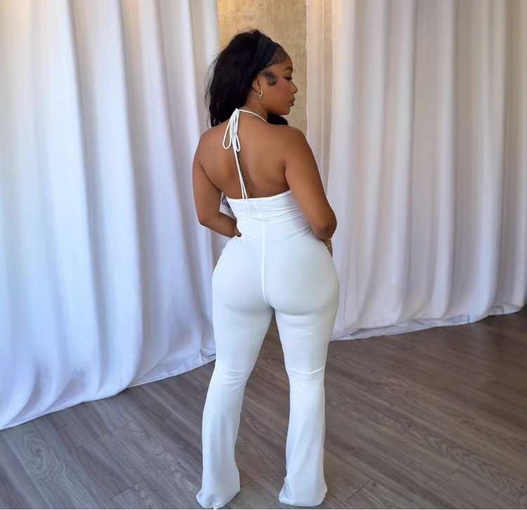 Cutouts Metal Ring Backless Lace-Up Jumpsuits