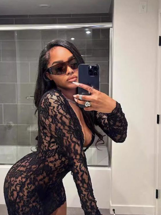 Lace See Through Deep V Neck Long Sleeves Dress