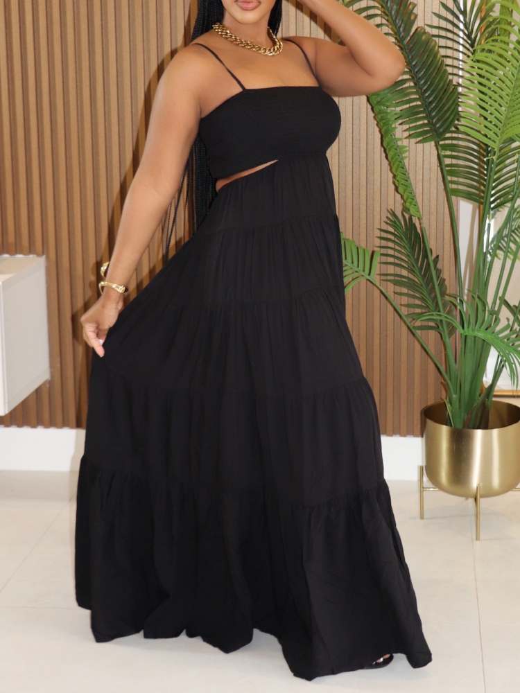 Smocking Waist Cut Sleeveless Maxi Dress