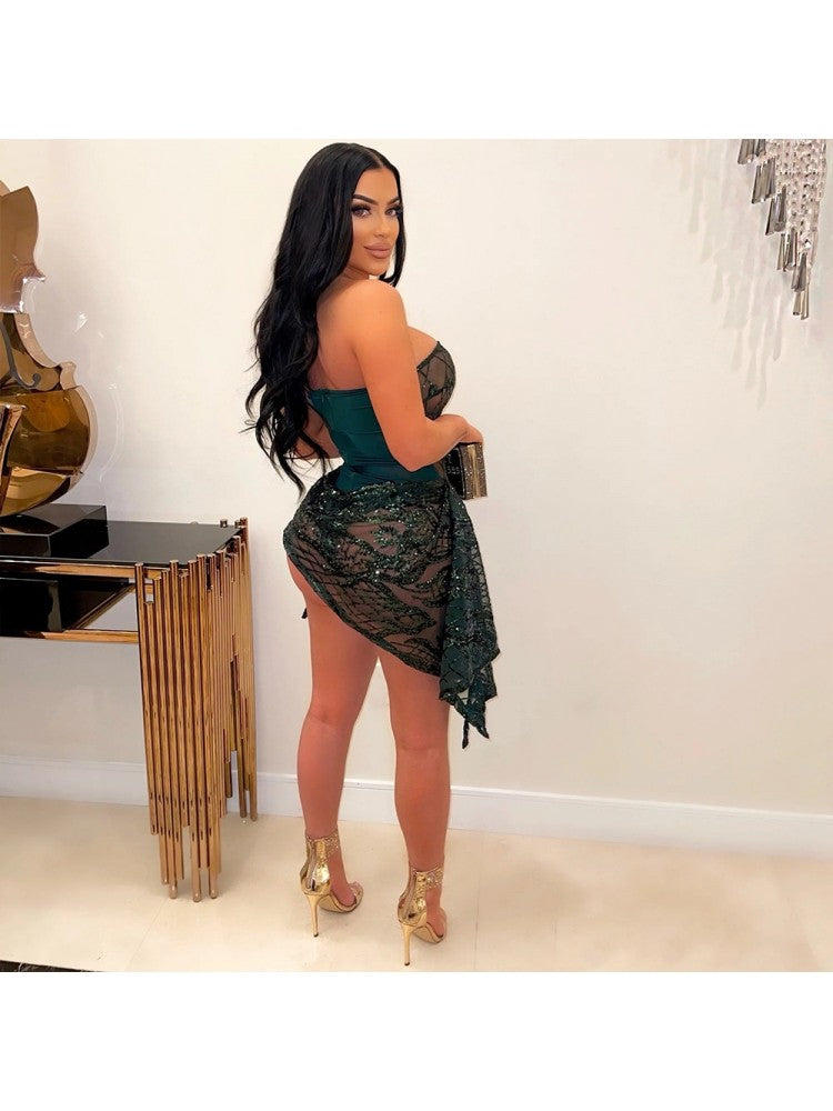 Sequin See Through Strapless Zipper Dresses