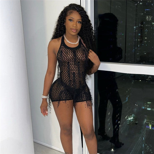 Hollow-out Round Neck Bodycon Rompers