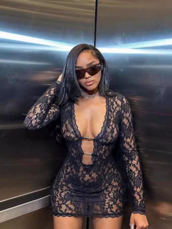Lace See Through Deep V Neck Long Sleeves Dress