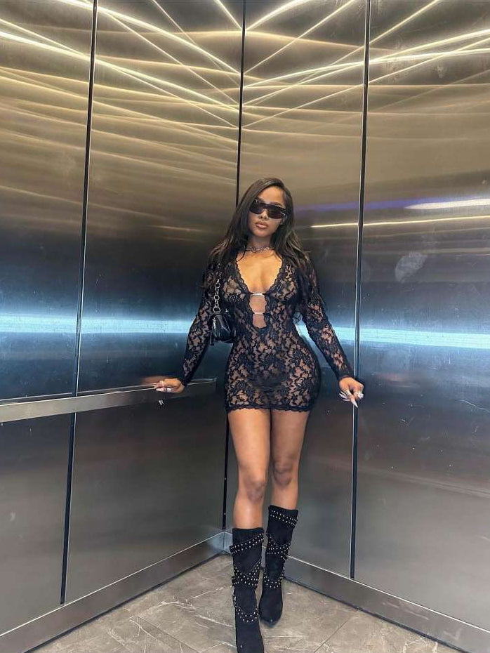 Lace See Through Deep V Neck Long Sleeves Dress