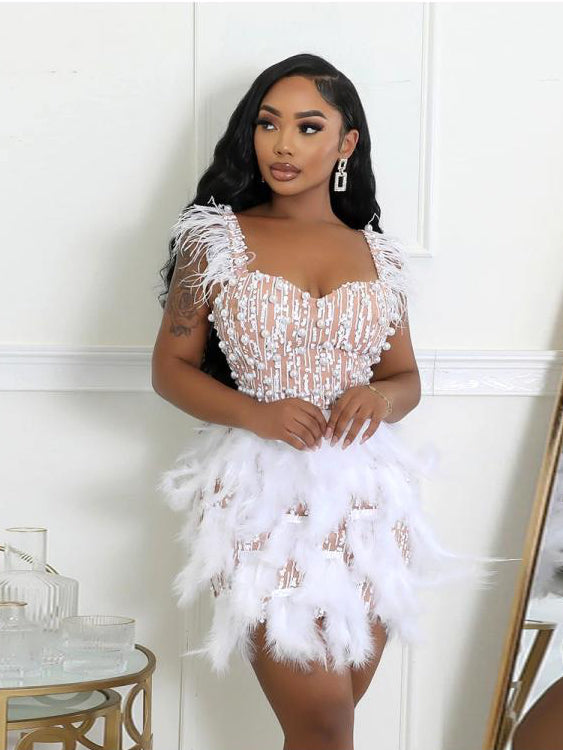 Beading Feather Sleeveless Mini Dress