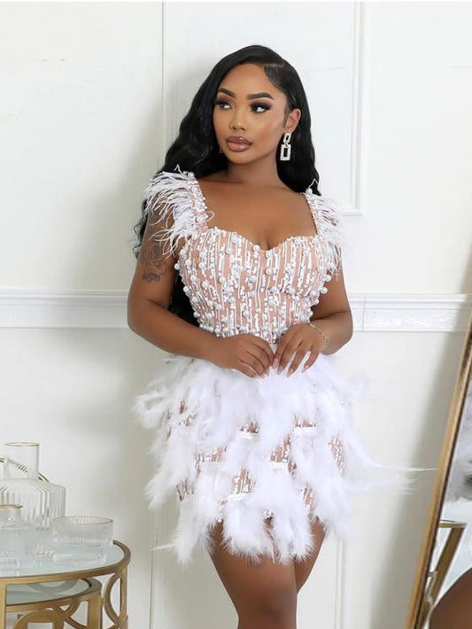 Beading Feather Sleeveless Mini Dress