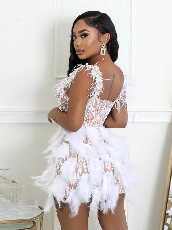 Beading Feather Sleeveless Mini Dress