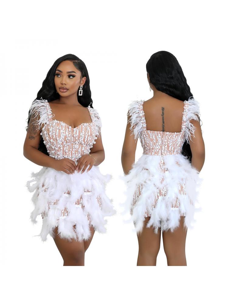 Beading Feather Sleeveless Mini Dress