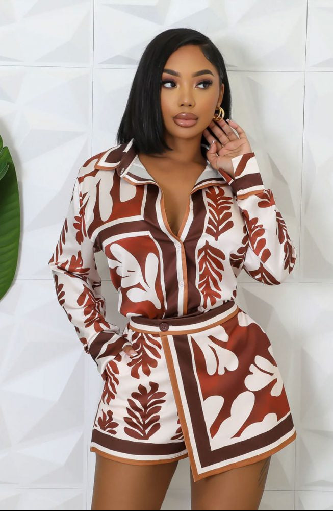 Contrast Color Print Shirt Short Sets