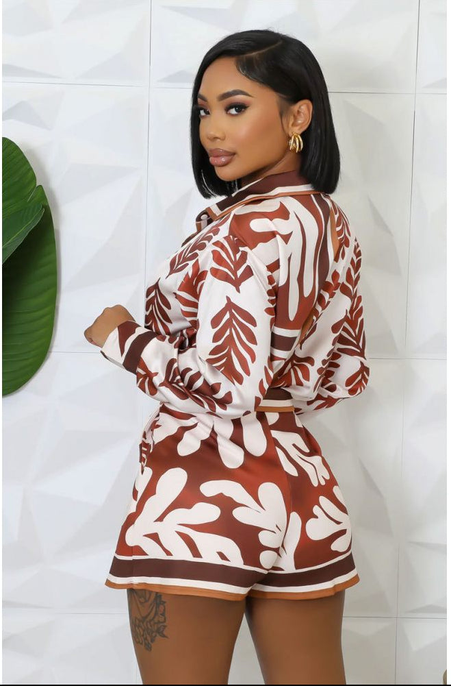 Contrast Color Print Shirt Short Sets