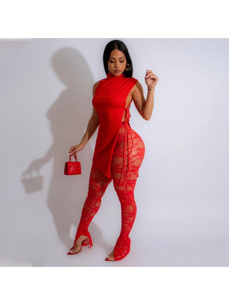 Split Hem Lace Up Sleeveless Pant Sets