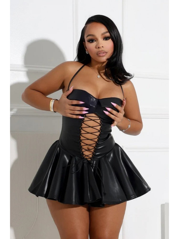 Halter PU Backless Lace-Up Mini Dress