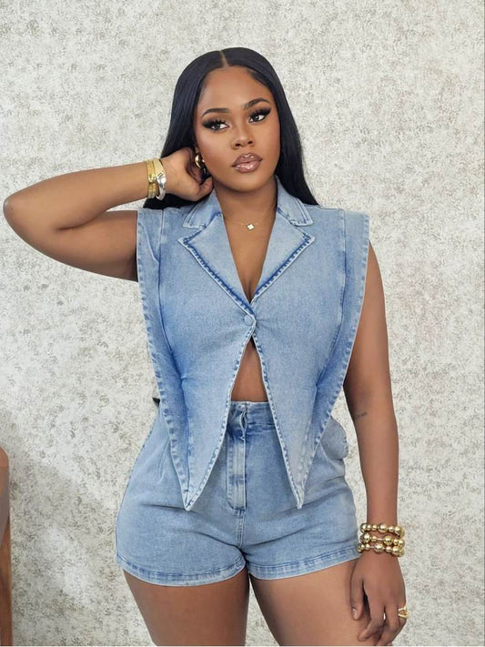 Denim V Neck Lapel Sleeveless Rompers