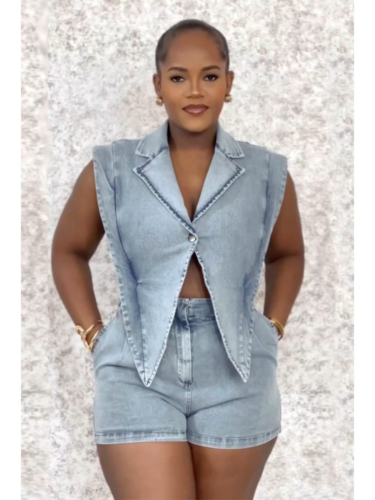 Denim V Neck Lapel Sleeveless Rompers