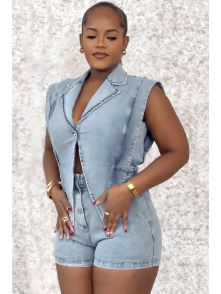 Denim V Neck Lapel Sleeveless Rompers