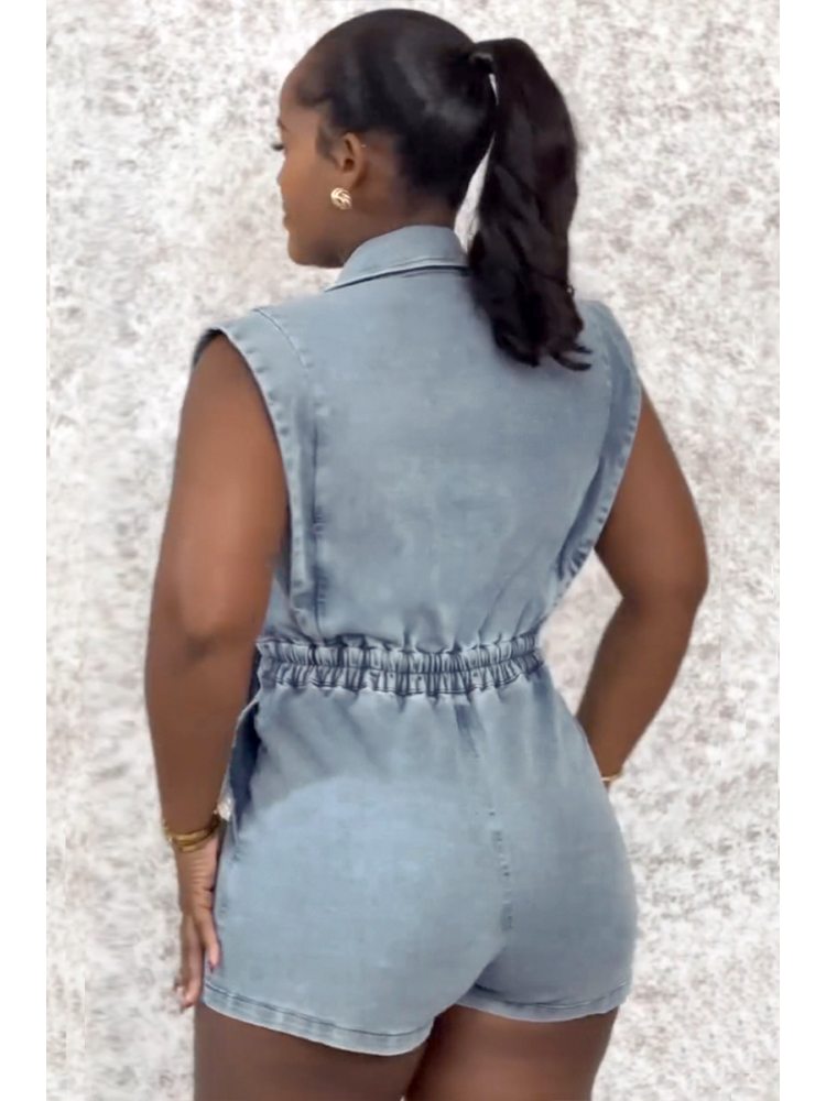 Denim V Neck Lapel Sleeveless Rompers
