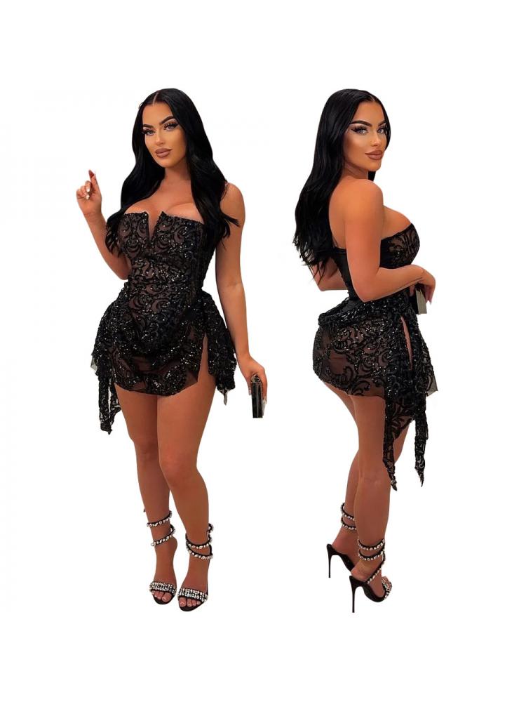 Sequin See Through Strapless Zipper Dresses