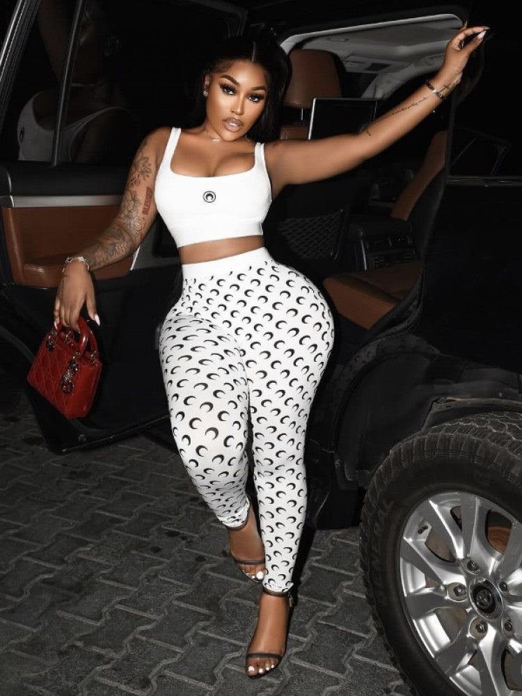 Crescent Moon Print Cropped Skinny Pant Sets