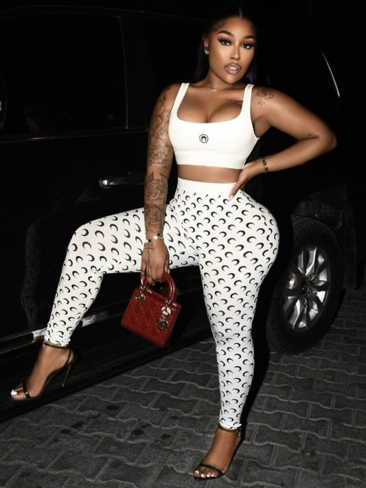 Crescent Moon Print Cropped Skinny Pant Sets