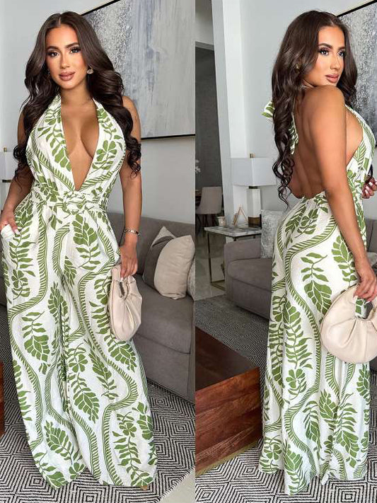 Deep V Neck Backless Wide Leg Jumpsuits