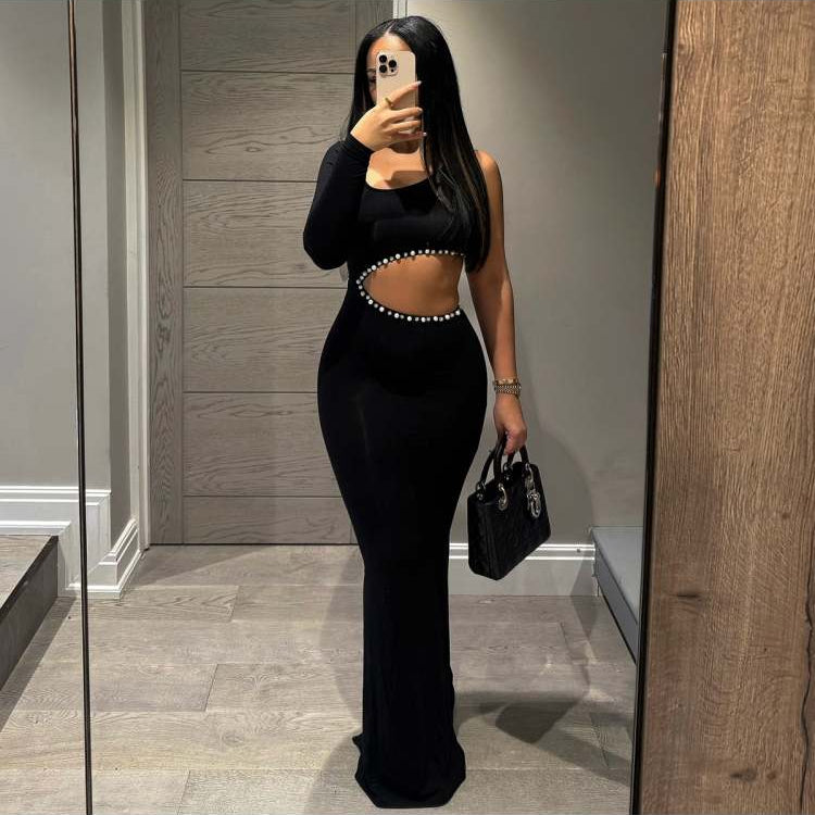 Beading One Shoulder Cutouts Maxi Dress