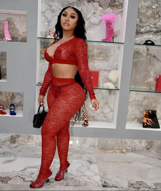 Sheer Lace V Neck Cropped Bodycon Pant Sets