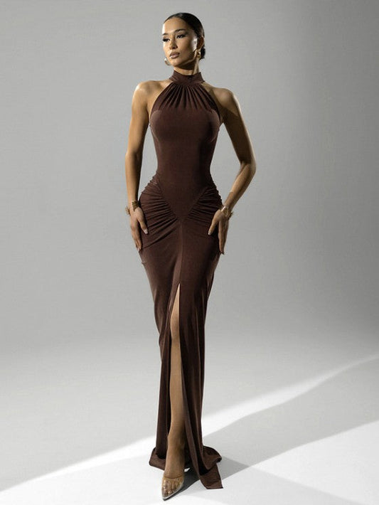 Ruched Scarf Neck Sleeveless Maxi Dress