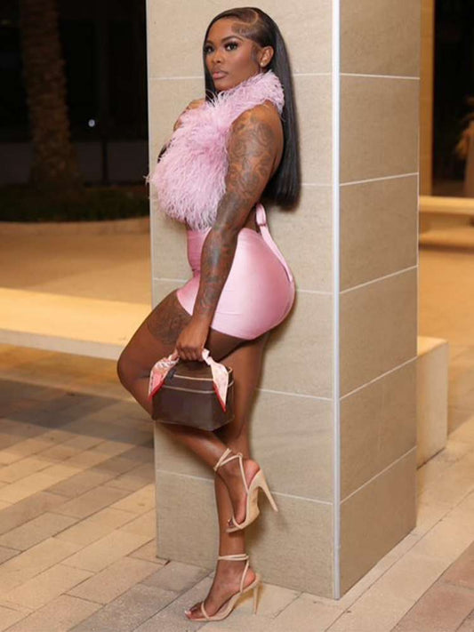 Feathers Tie-wrap Backless Satin Short Sets