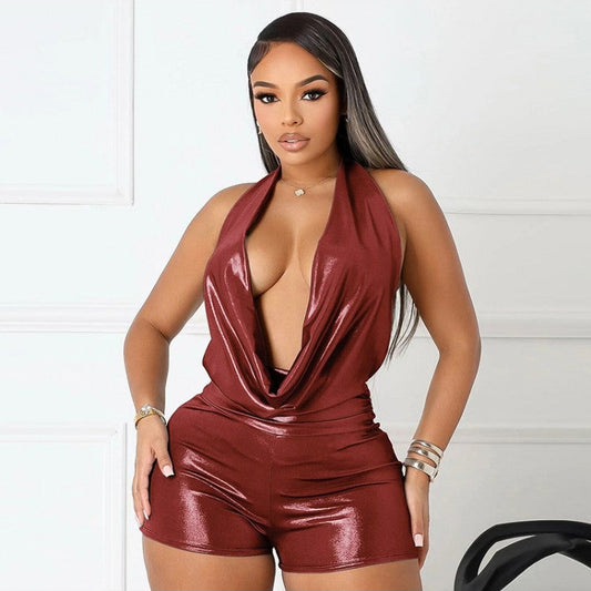 Red Ruby Backless Lace-Up Rompers