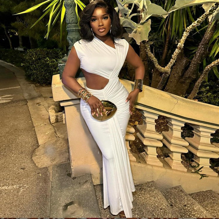 Solid Hollow-out Pleated Sleeveless Maxi Dress