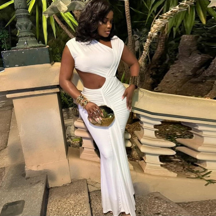 Solid Hollow-out Pleated Sleeveless Maxi Dress