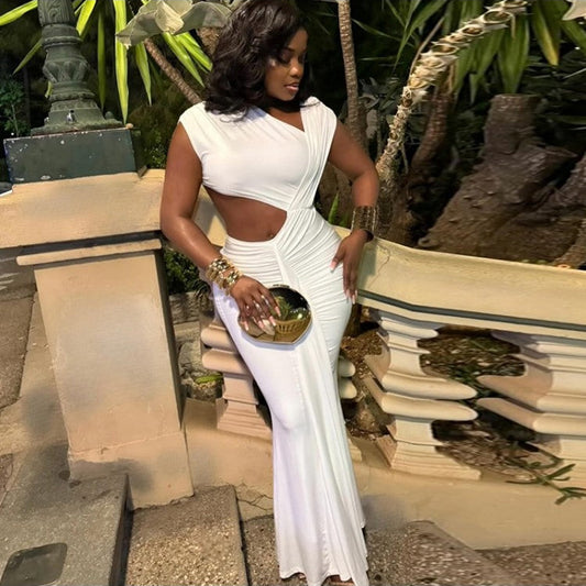 Solid Hollow-out Pleated Sleeveless Maxi Dress