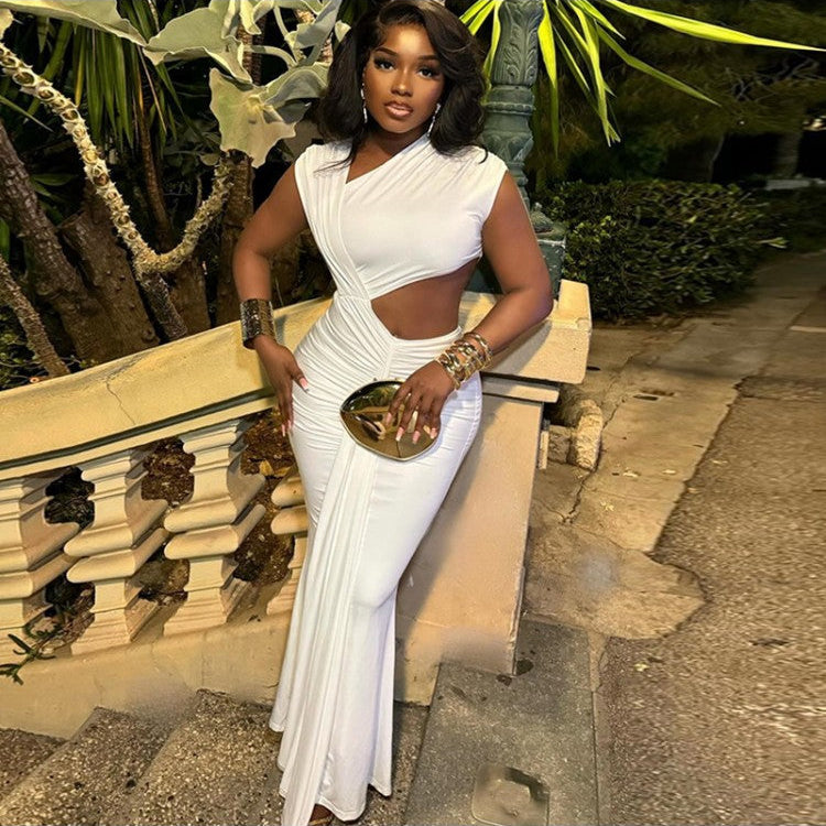 Solid Hollow-out Pleated Sleeveless Maxi Dress