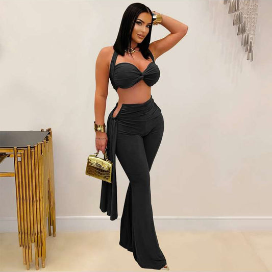 Ruched Halter Backless Ribbons Pant Sets