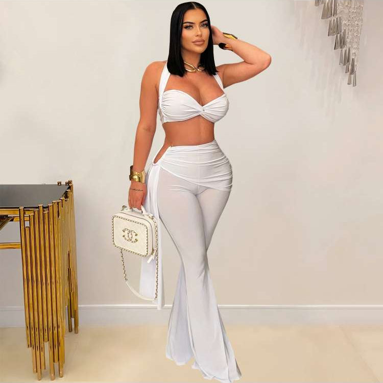 Ruched Halter Backless Ribbons Pant Sets