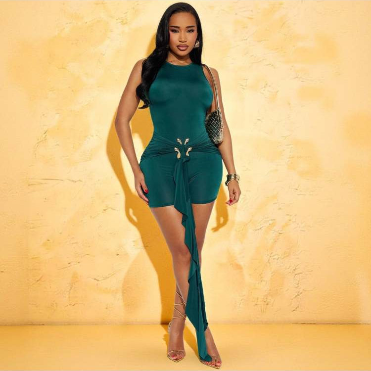 Ruched Sleeveless Ribbons Metal Decor Rompers