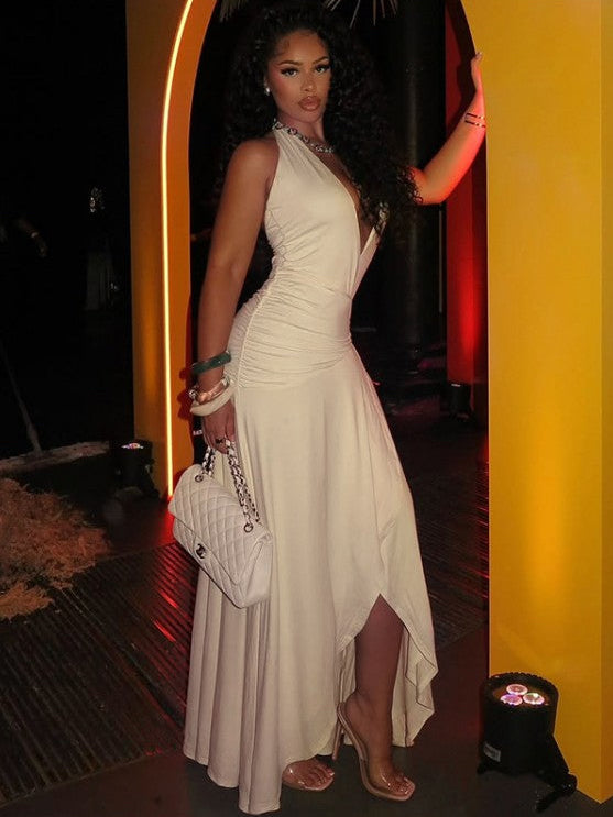 Solid Ruffles Ruched Backless Tie-wrap Maxi Dress