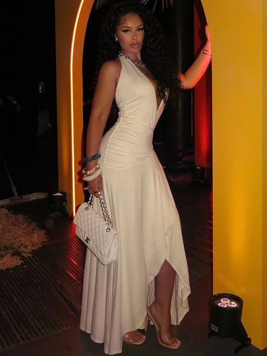 Solid Ruffles Ruched Backless Tie-wrap Maxi Dress