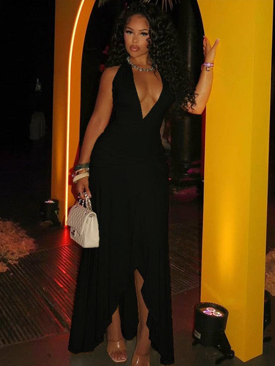 Solid Ruffles Ruched Backless Tie-wrap Maxi Dress