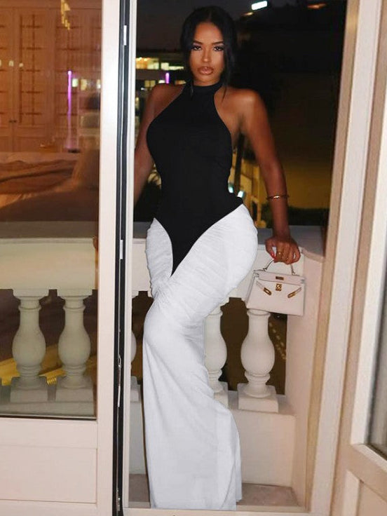 Colorblock Ruched Halter Backless Maxi Dress