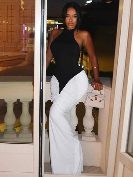 Colorblock Ruched Halter Backless Maxi Dress