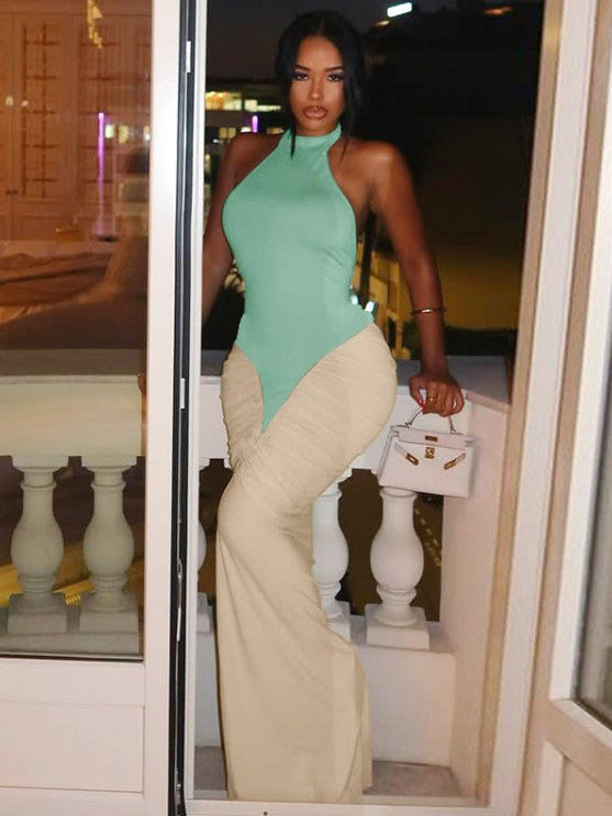 Colorblock Ruched Halter Backless Maxi Dress