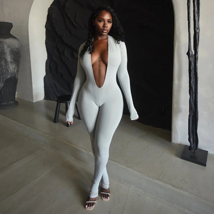 Plain Deep V Neck Backless Fitted Jumpsuits