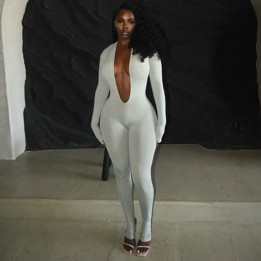 Plain Deep V Neck Backless Fitted Jumpsuits