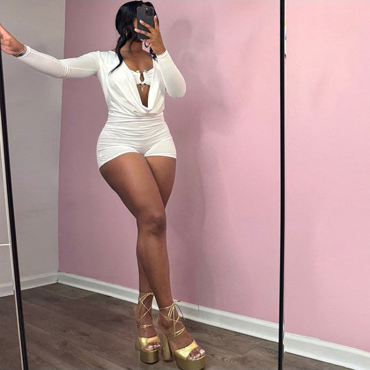 Deep V Neck Fitted Metal Decor Rompers