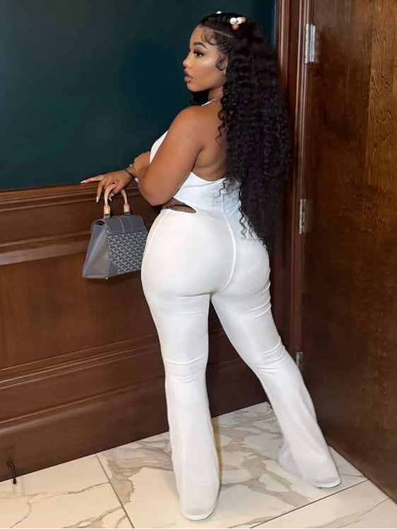 Cutouts Metal Ring Backless Lace-Up Jumpsuits