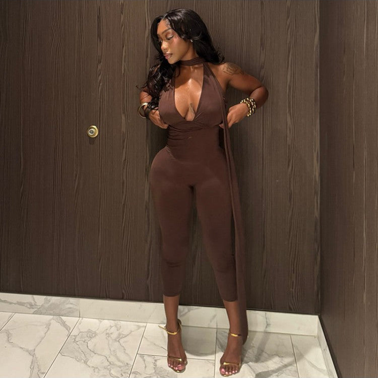 V Neck Halter Backless Lace-Up Jumpsuits