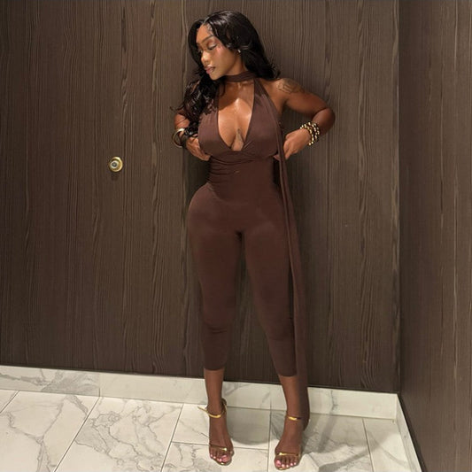 V Neck Halter Backless Lace-Up Jumpsuits