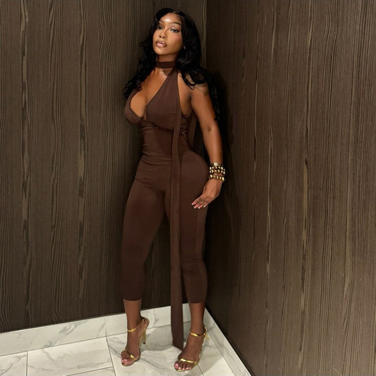 V Neck Halter Backless Lace-Up Jumpsuits