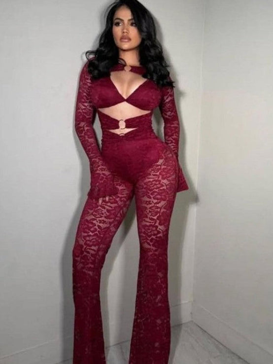 Lace Panel Hollow-out Sheer Jumpsuits