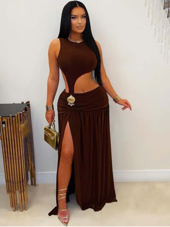 Ruched Hollow-out Split Hem Maxi Dress